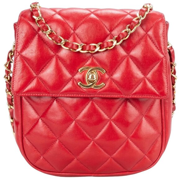 Authentic CHANEL 24K Mini Flap Bag CC Classic Vintage Lambskin Chain Purse Red - Picture 1 of 11
